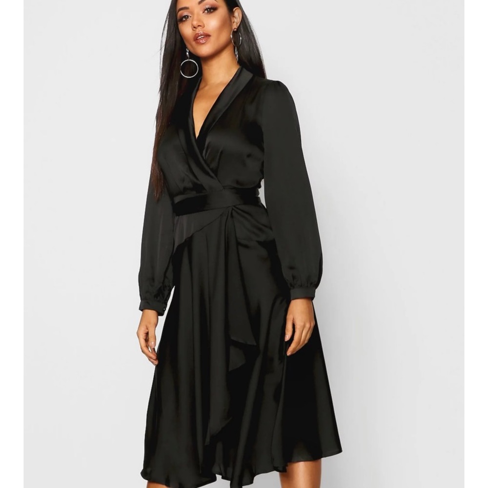 Black satin wrap midi skater dress